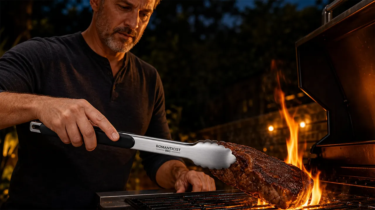 Hand gripping a heavy-duty stainless steel spatula turning a thick burger on a hot grill