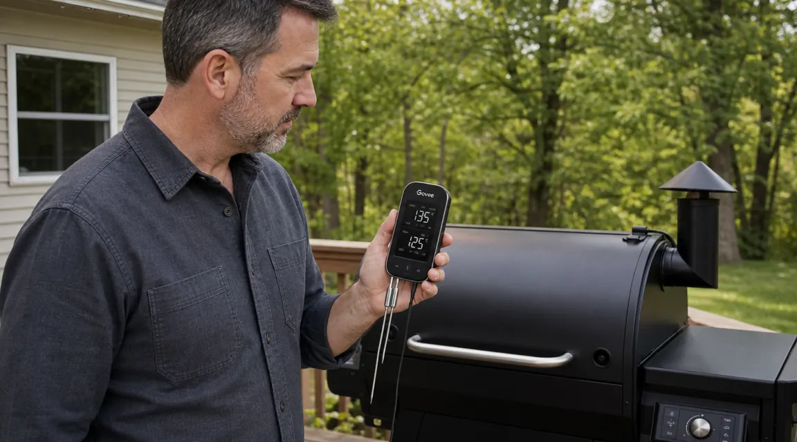 Hand holding a smartphone showing the Govee app with live temperature readout while standing near a backyard grill