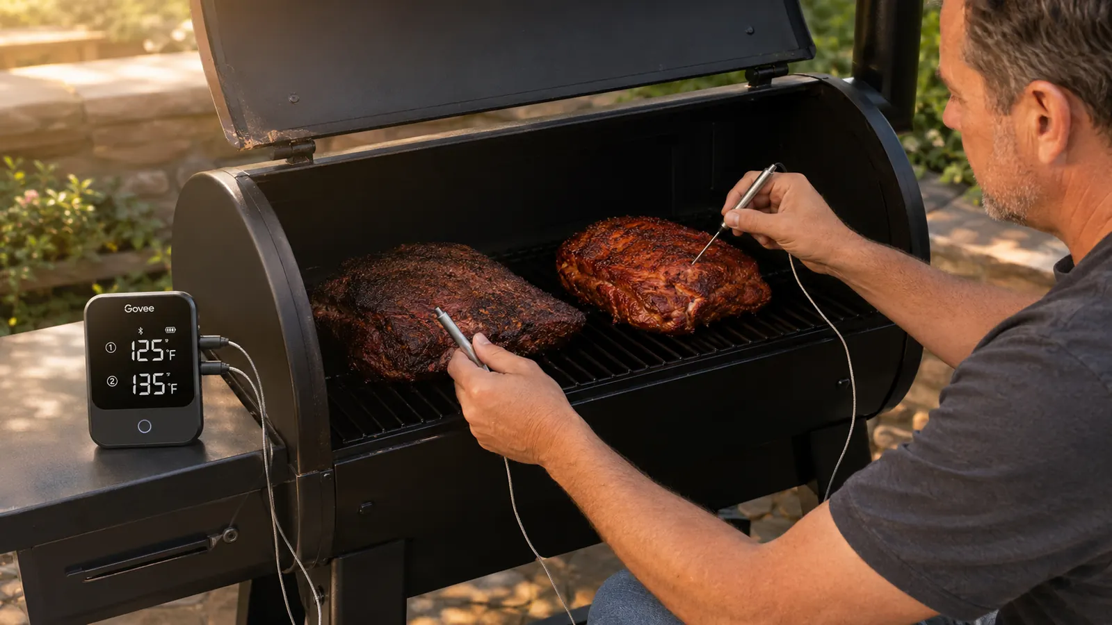 Hand holding a Govee dual-probe thermometer transmitter unit next to a smoking grill
