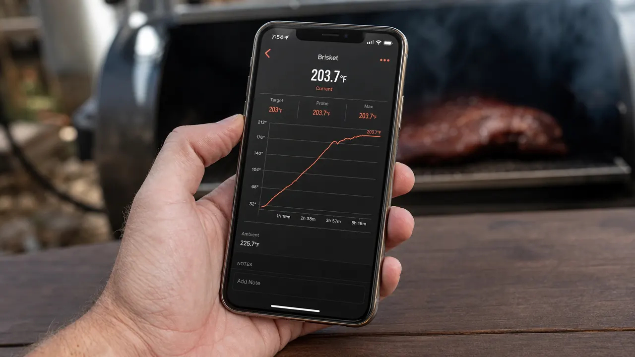 Weekend pitmaster checking his phone for temperature readings while relaxing away from the smoker