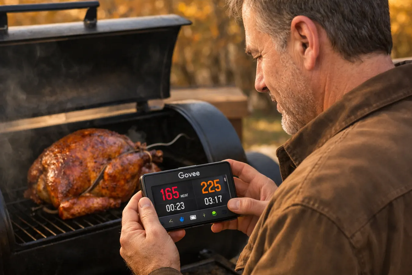 Govee Bluetooth meat thermometer probe inserted into a turkey breast with the receiver clipped to a shelf nearby