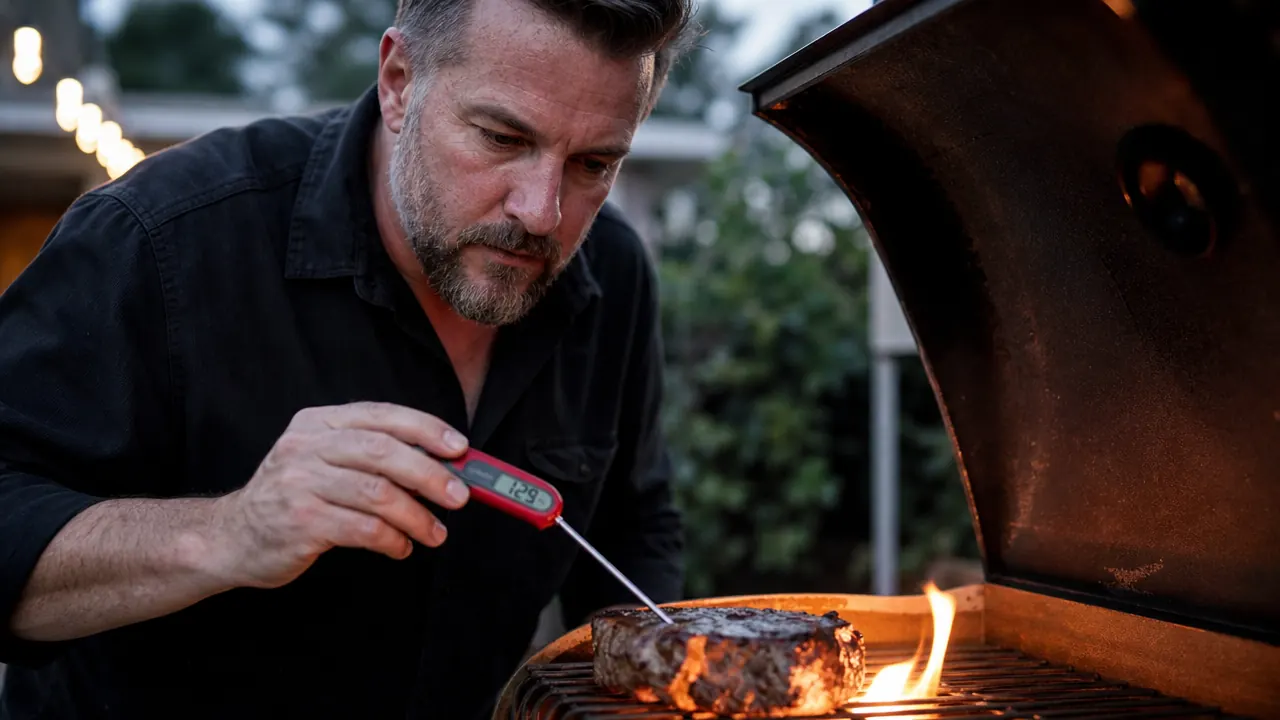 Pitmaster relaxing in a lawn chair away from the smoker while checking a smartphone for meat temperature