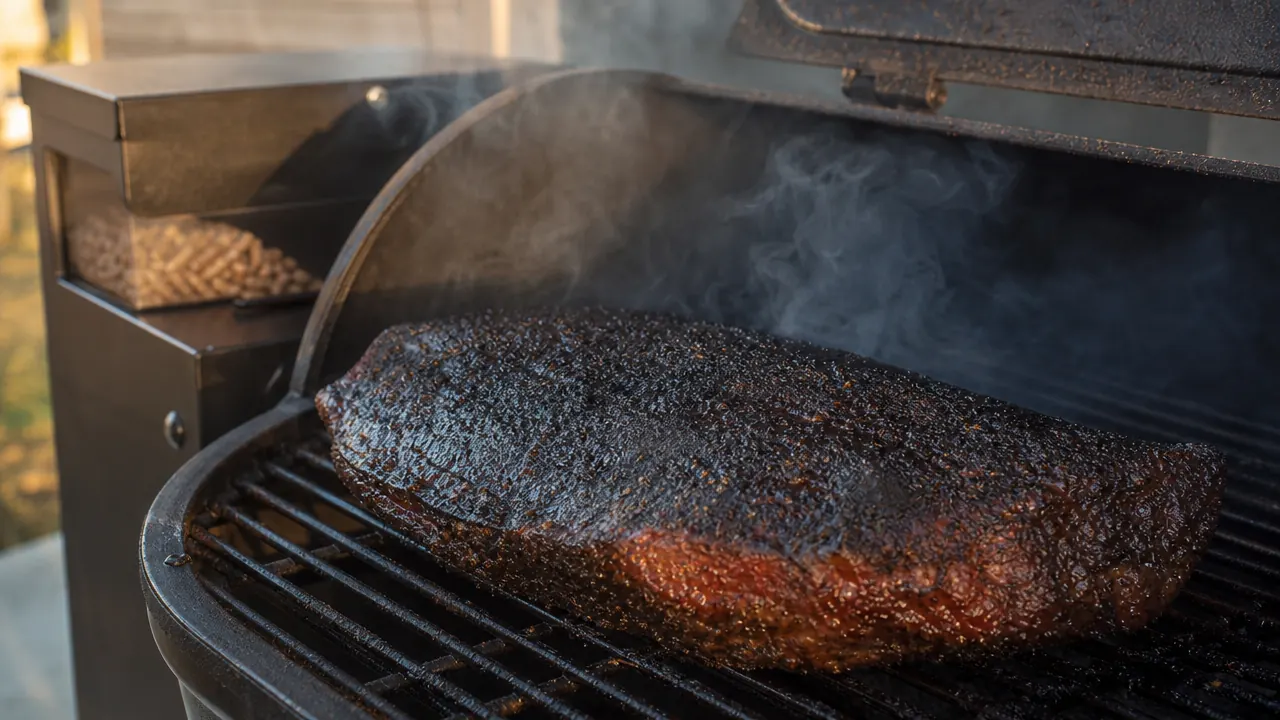 Sliced brisket and ribs arranged on a wooden serving board with a light smoke ring visible on the meat