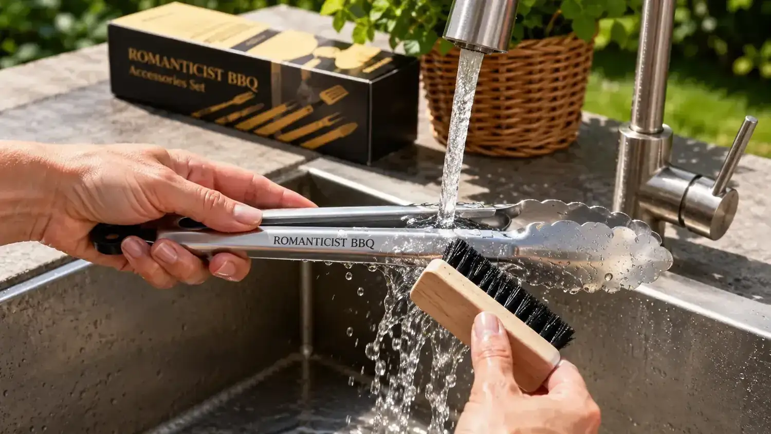 Hand scrubbing a stainless steel BBQ spatula with a sponge under running kitchen sink water