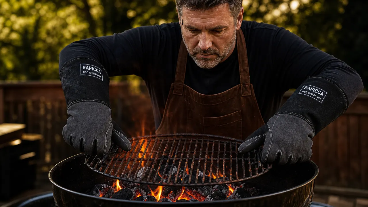 RAPICCA 932F BBQ gloves held up against a bright outdoor background, showing the silicone grip texture on the palm