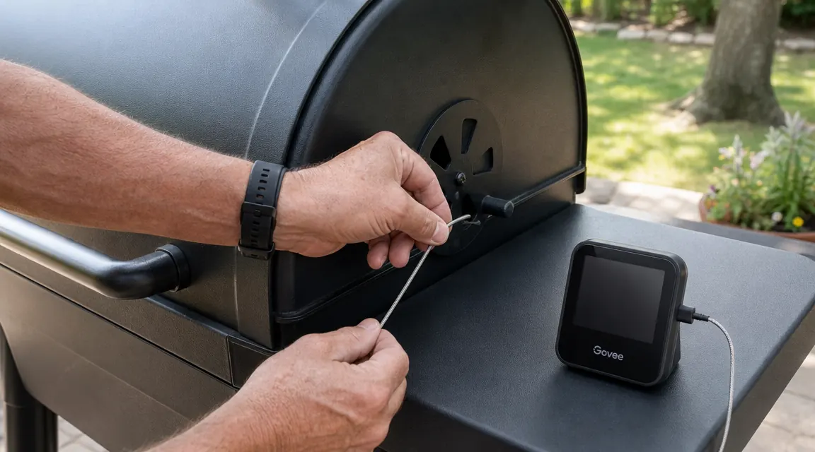 Two Govee meat thermometer probes being inserted into a raw pork shoulder on a cutting board
