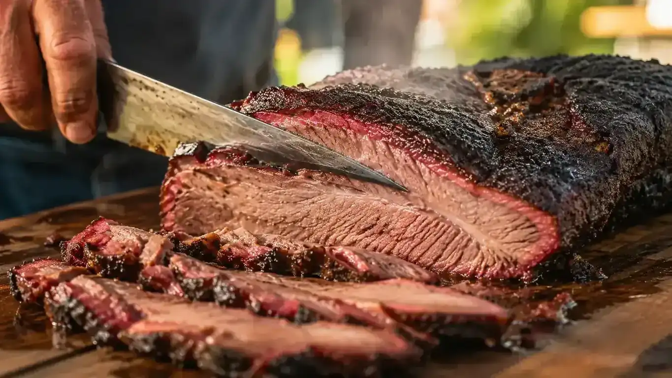 Sliced brisket showing a dark bark and pink smoke ring on a wooden cutting board