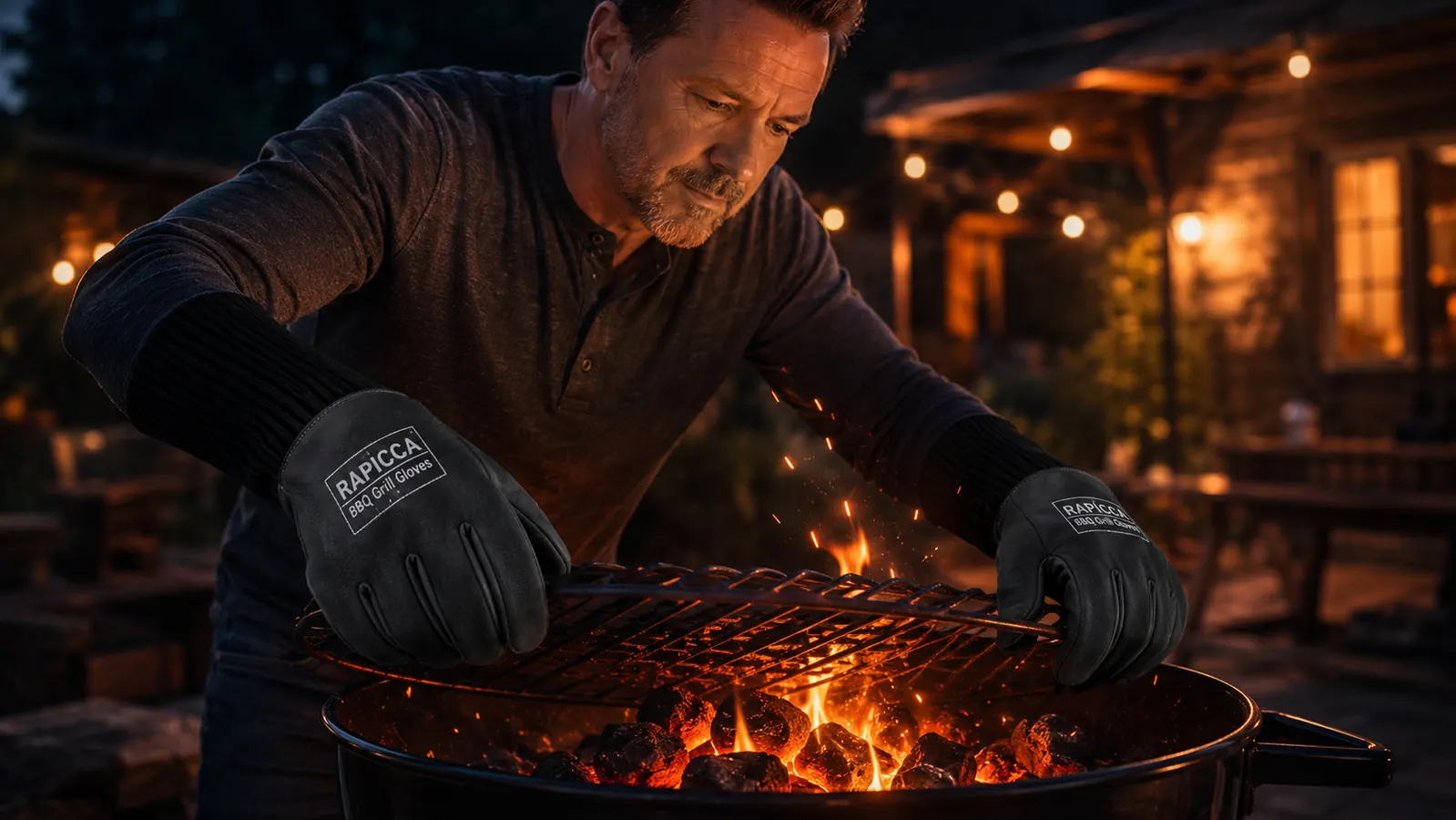 Hand wearing a RAPICCA BBQ glove gripping a hot charcoal chimney starter at arm's length