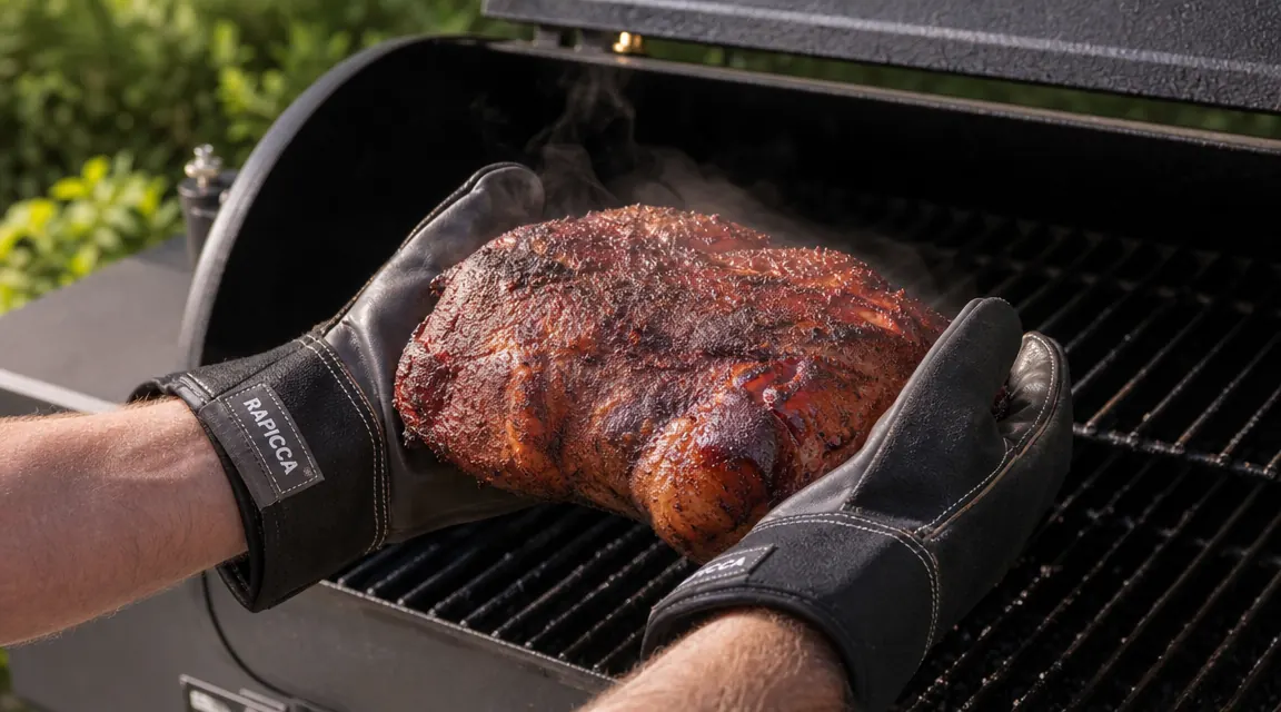 Hands wearing RAPICCA gloves gripping a rack of ribs on a smoker grate, pulling the rack forward with full grip