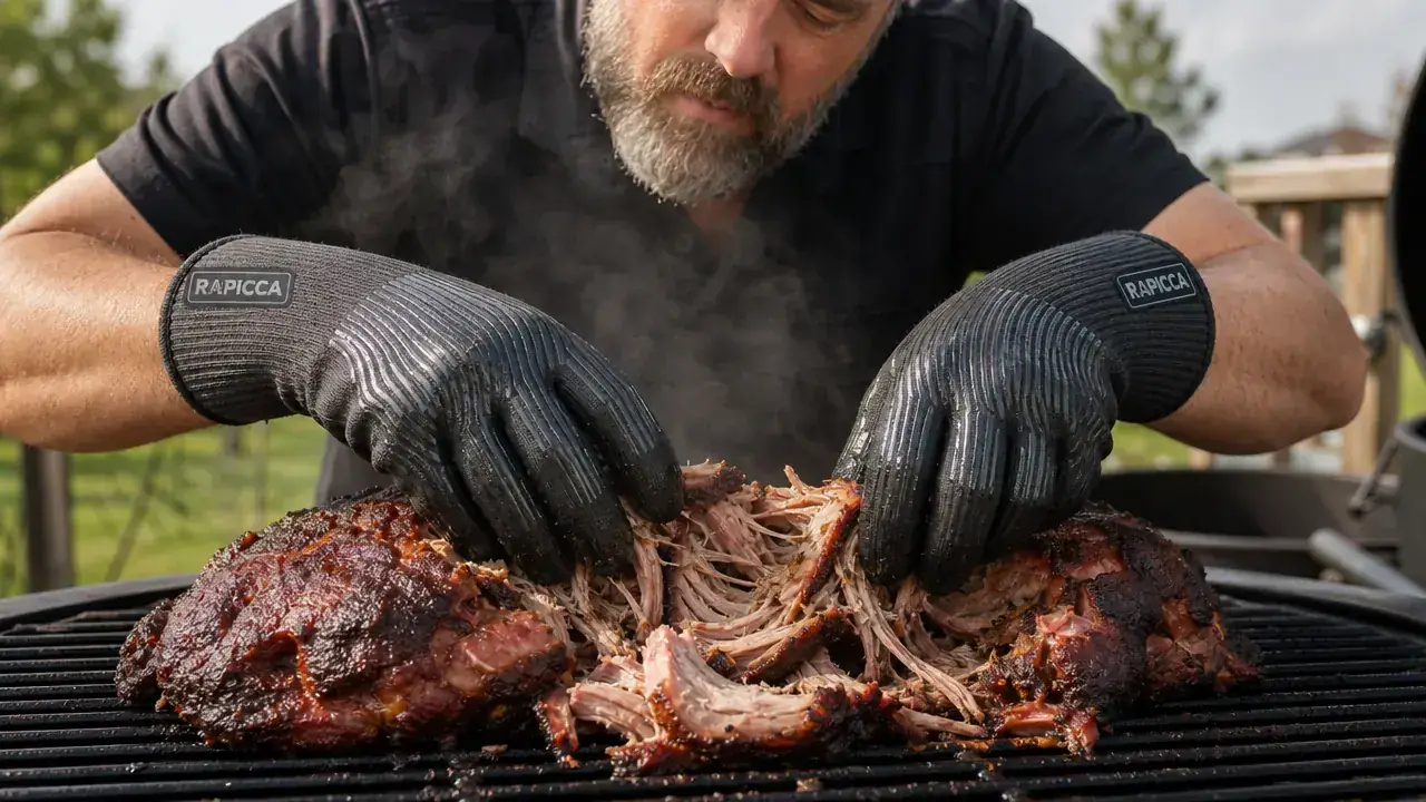 Hands wearing RAPICCA BBQ gloves lifting a bone-in pork shoulder off a smoker grate