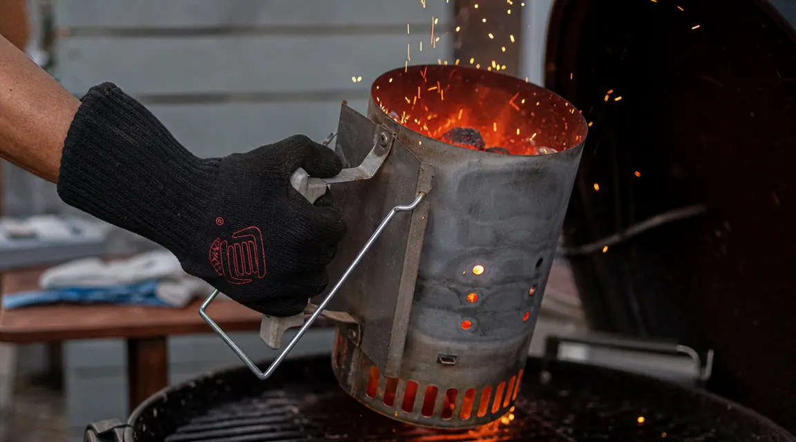 Pitmaster pulling a whole pork shoulder off a pellet smoker using heat-resistant BBQ gloves