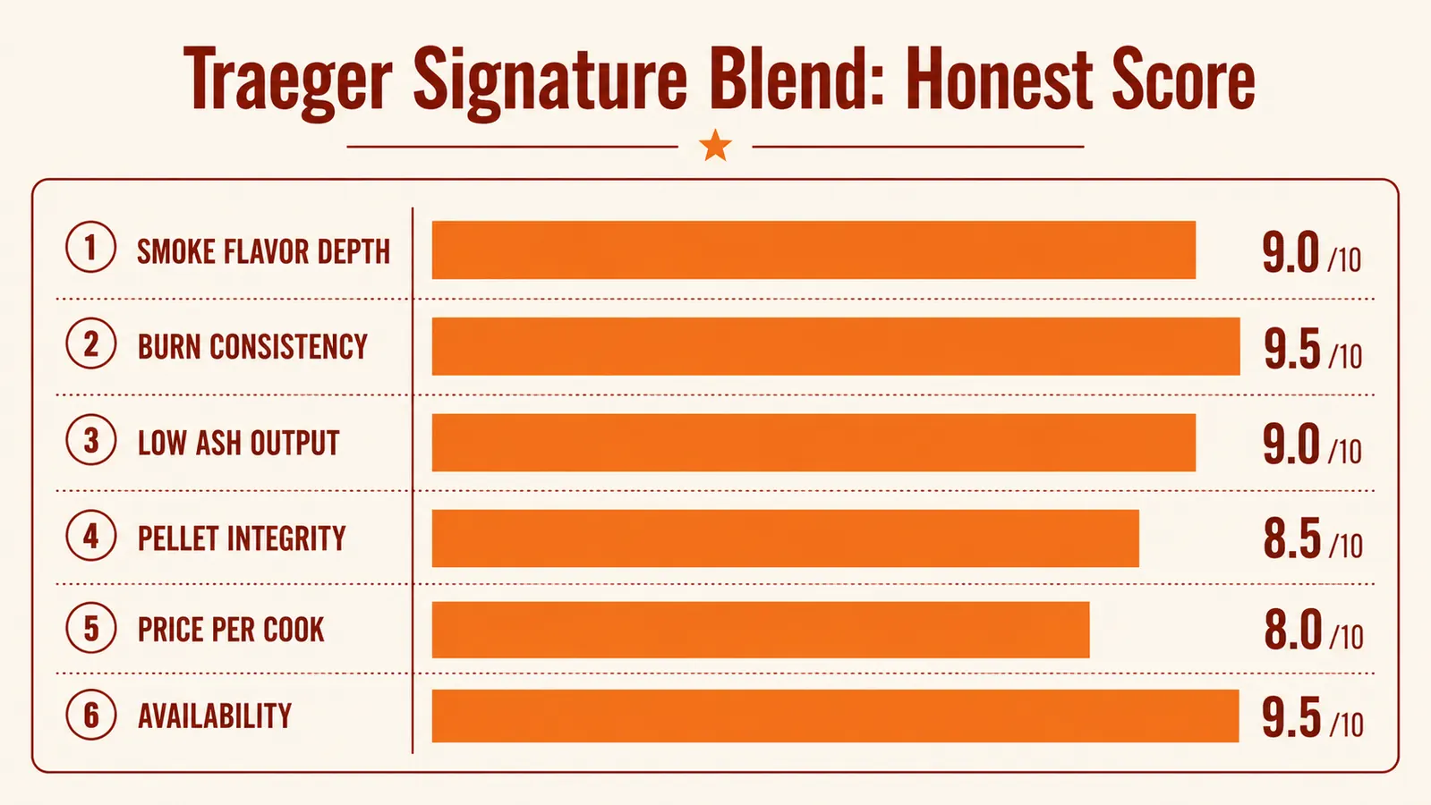 Side-by-side ash comparison chart showing ash output per cook for Traeger Signature Blend versus three competing pellet brands