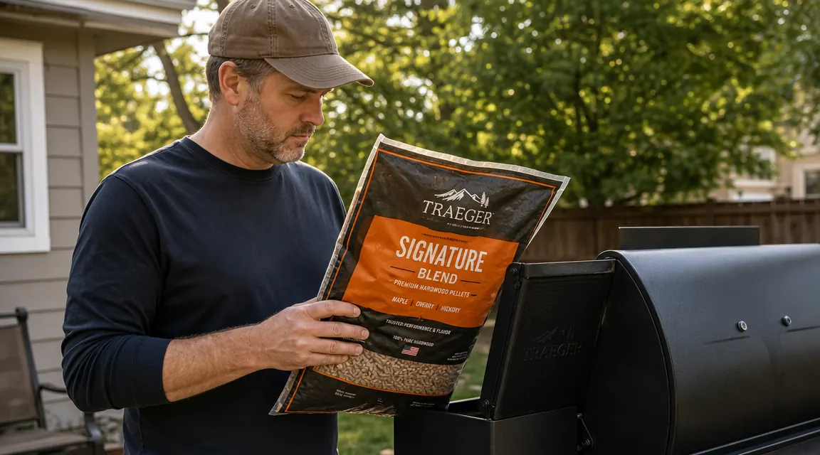Open hand holding a small pile of dark hardwood pellets over a pellet hopper, smoker in soft focus behind